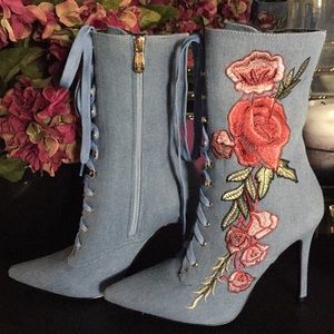 CAPE ROBBIN DENIM FLORAL EMBROIDERY LACE UP BOOTIE